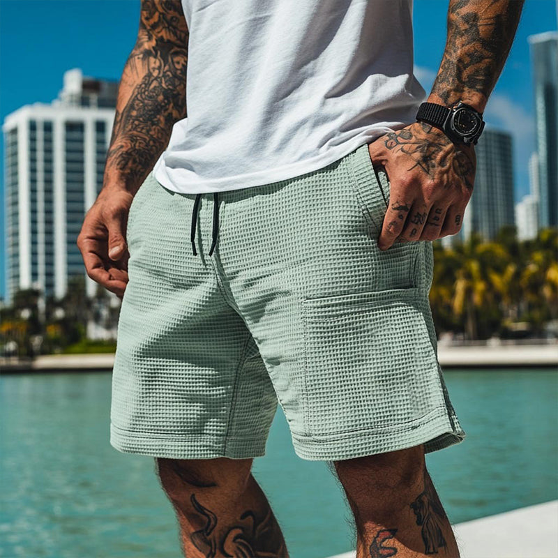 Solid Waffle Elastic Casual Shorts