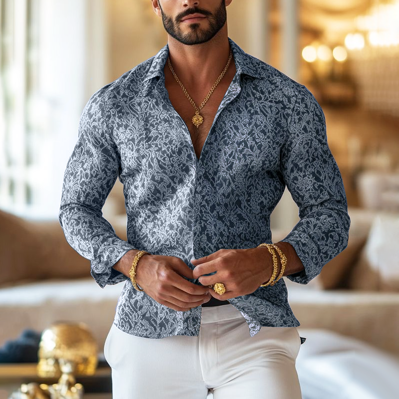 Vintage Print Lapel Long Sleeve Shirt