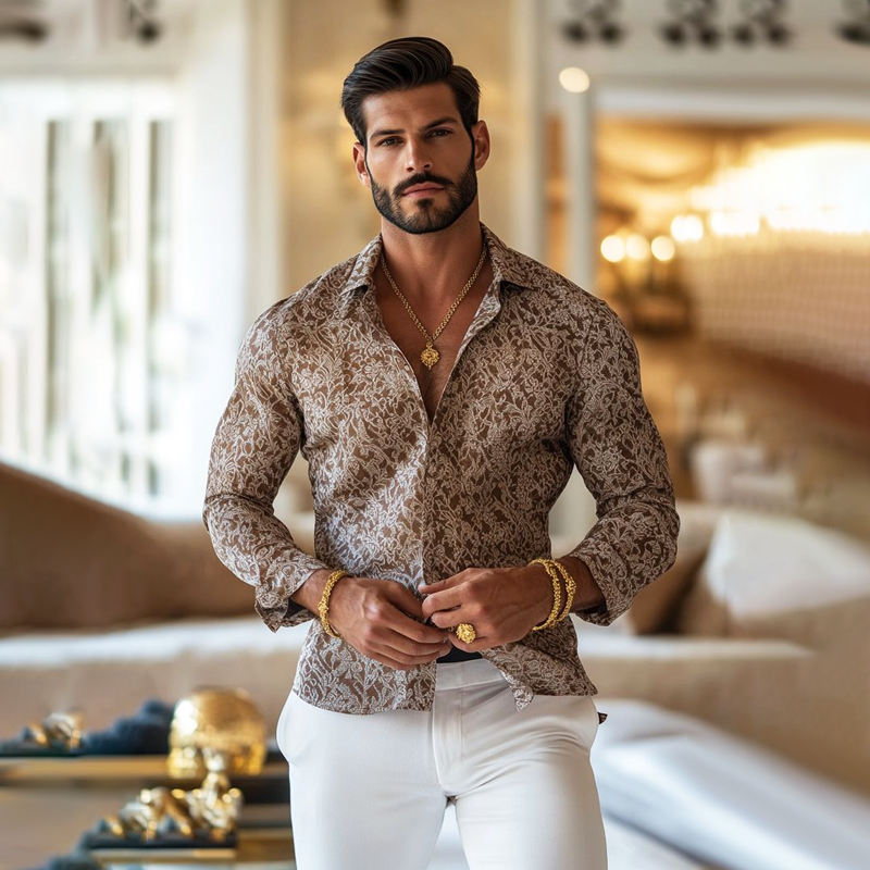 Vintage Print Lapel Long Sleeve Shirt