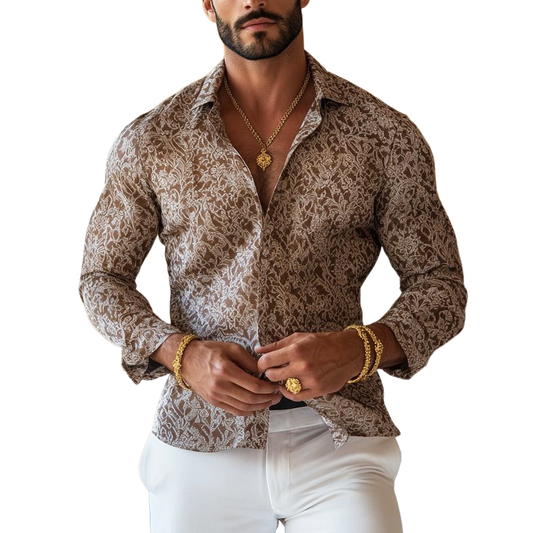 Vintage Print Lapel Long Sleeve Shirt