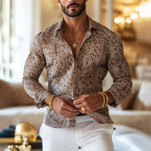 Vintage Print Lapel Long Sleeve Shirt